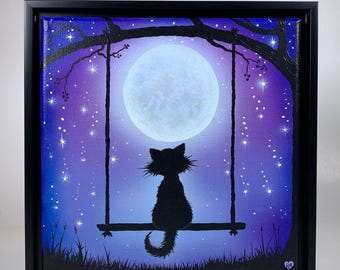 原画#3546 黒猫　星空　マルタ共和国　水彩画　ドローイング　インテリア　絵 星空を眺める猫のアクリル画、暗闇で光る満月と星、8x8インチの額入り