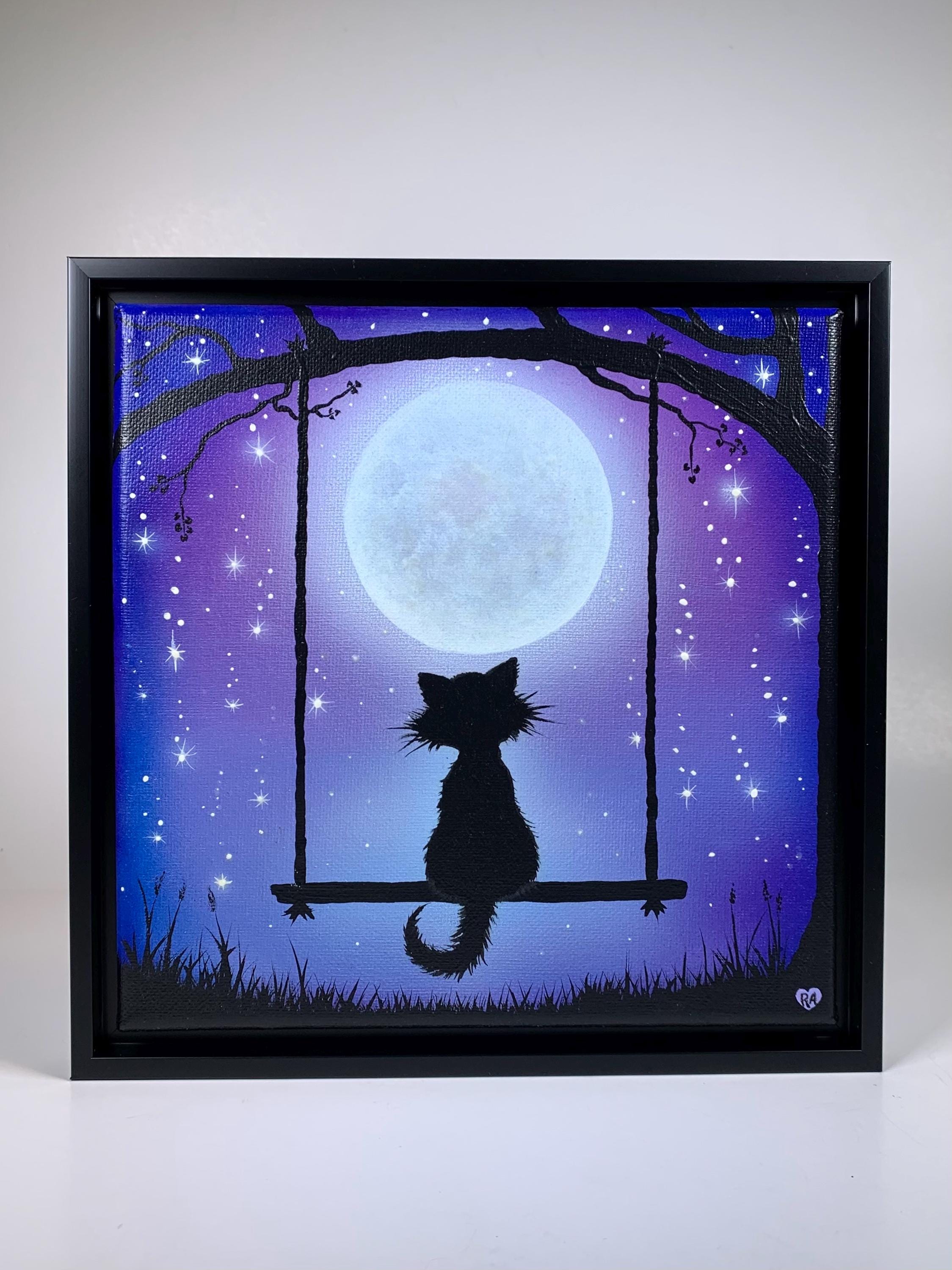 原画#3546 黒猫　星空　マルタ共和国　水彩画　ドローイング　インテリア　絵 星空を眺める猫のアクリル画、暗闇で光る満月と星、8x8インチの額入り