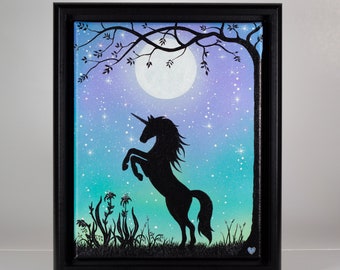 Unicorn and the Moon 8x10 Original Canvas Painting in Frame, Magical and Enchanting Wall Art, Full Moon and Stars Glow in the dark
