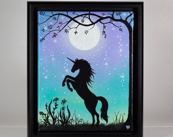 Unicorn Magic Acrylic Painting, Full Moon and Stars, Original Canvas Artwork, 8x10