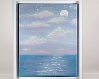 Moonlit Daydreams Acrylic Painting, Ocean Seascape, Original Artwork, 8x10 Framed