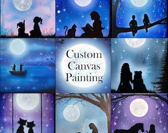 Custom Acrylic Painting, Personalize Silhouettes, Moon, Stars and Sky, Original Canvas, Personalized Wall Art