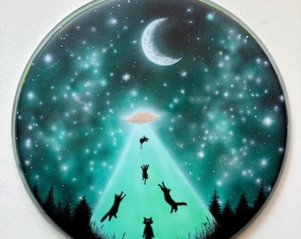 UFO Abducting Cats Acrylic Painting on Drumhead, Blacklight Art
