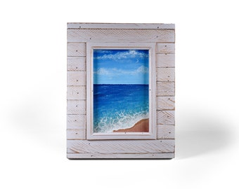 Ocean View Acrylic Painting, Bioluminescent Waves, Moon, Framed Artwork, 5x7