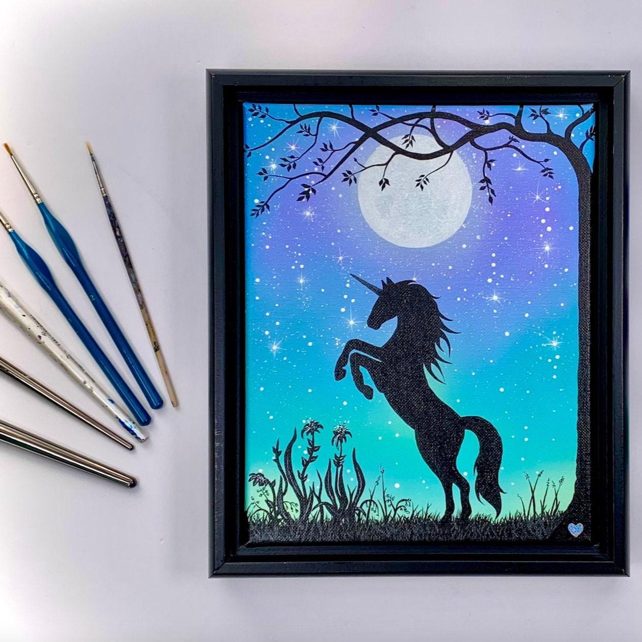 ユニコーンの魔法の絵画、満月と星が輝く、オリジナル作品、8x10インチ
