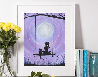 A Girl and Her Cat Art Print, Girl with Cat on Tree Swing Silhouette, Whimsical Lavender Purple Sky, Full Moon and Stars, 8x10 Wall Art