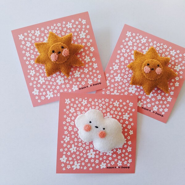 Kawaii Sun & Cloud Wool Felt Plushie Pins | Cute Weather Embroidered Brooches