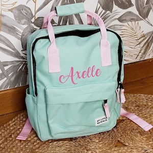 Mintgrüner und rosafarbener Schulrucksack für Mädchen mit anpassbarem Vornamen – Zurück in die Schule, Kindergarten, Kindermädchen, Kindergarten, Schwimmbad