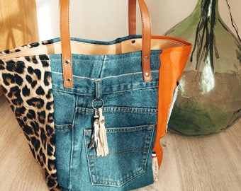 Diy Sac Style Pomponette Recycled Denim Patchwork Tote Bag Leopard