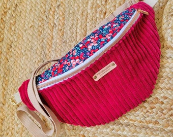 sac banane bandoulière crossbody velours cotelé framboise et tissu liberty matelassé