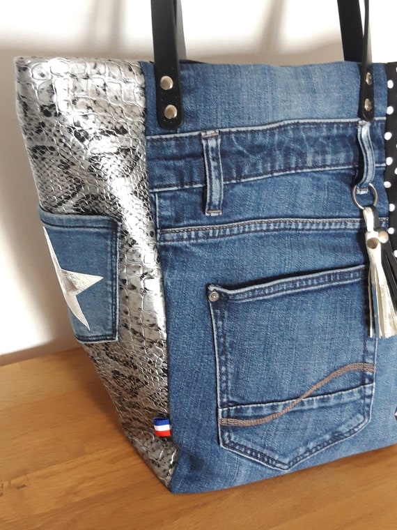 Bolsa patchwork en vaquero reciclado con piel de pitón gris y | Etsy España