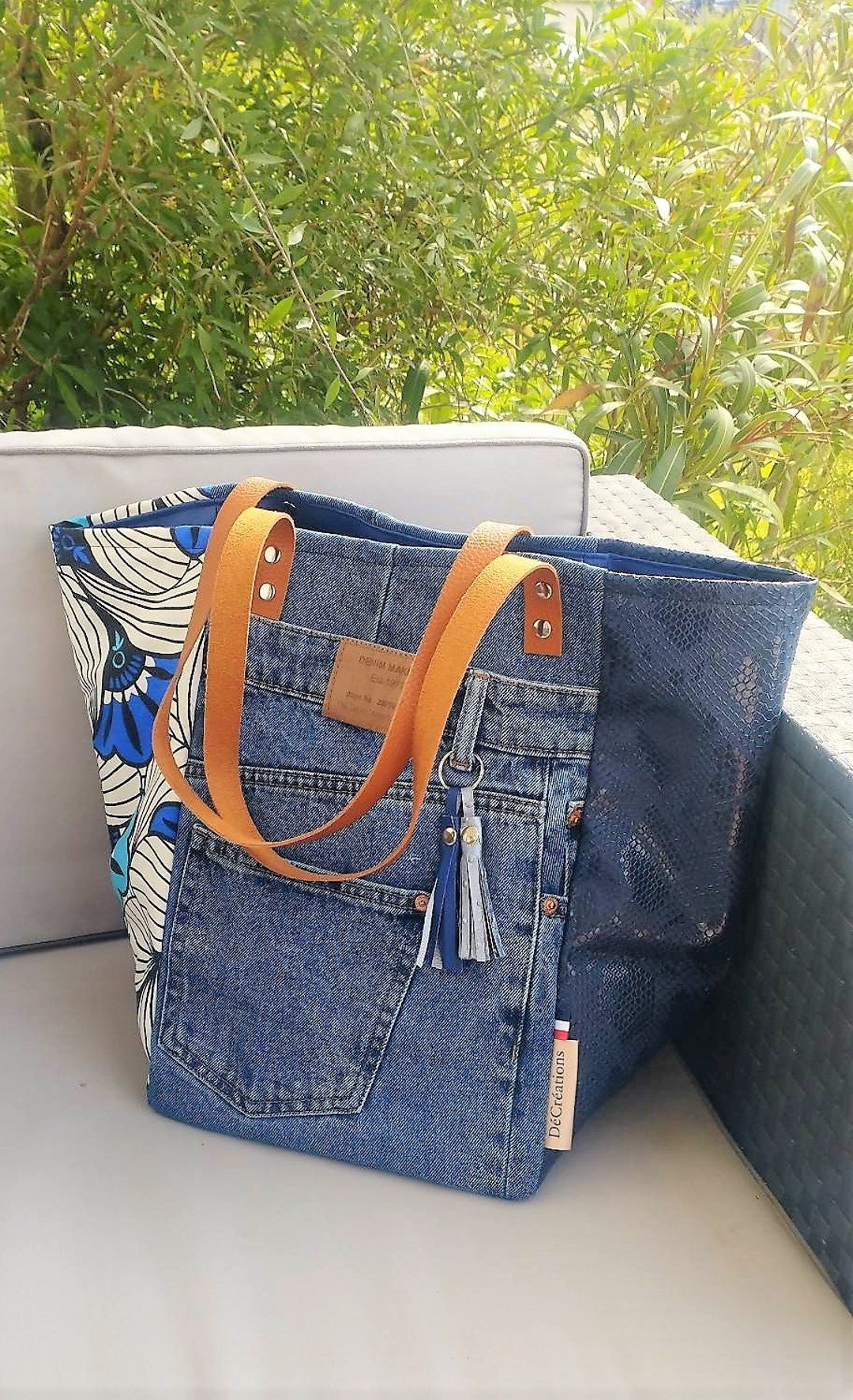 Python Leather Patchwiork Patchwork Tote Bag in Recycled Denim, Blue Python and Wax Leather ...