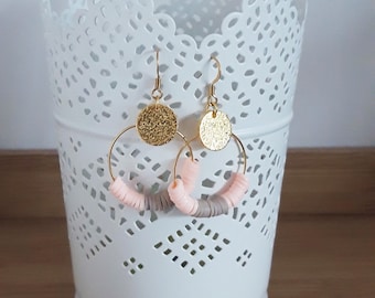 bronze hoop earrings in powder pink gold and taupe with enamel sequin and beads Heishi boho boho chic