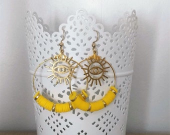 Boucles d'oreilles créoles dorées acier inoxydable et perles heishi jaune soleil