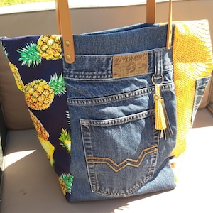 designer patchwork tote bag recycled jeans yellow pineapple and yellow crocodile leather camel leather handles and pompoms