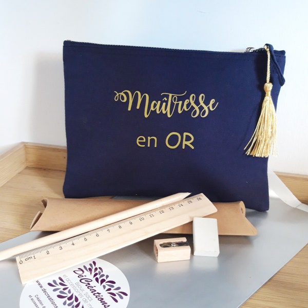 kit cadeau Super Maitresse en Or avec crayon gomme papeterie et pochette cadeau fin d'année scolaire