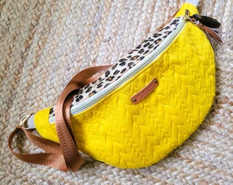 crossbody belt bag in twisted yellow fabric and leopard leather