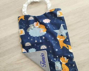 Elasticated canteen towel bib with customizable first name foxes in cotton and double cotton gauze customizable first name