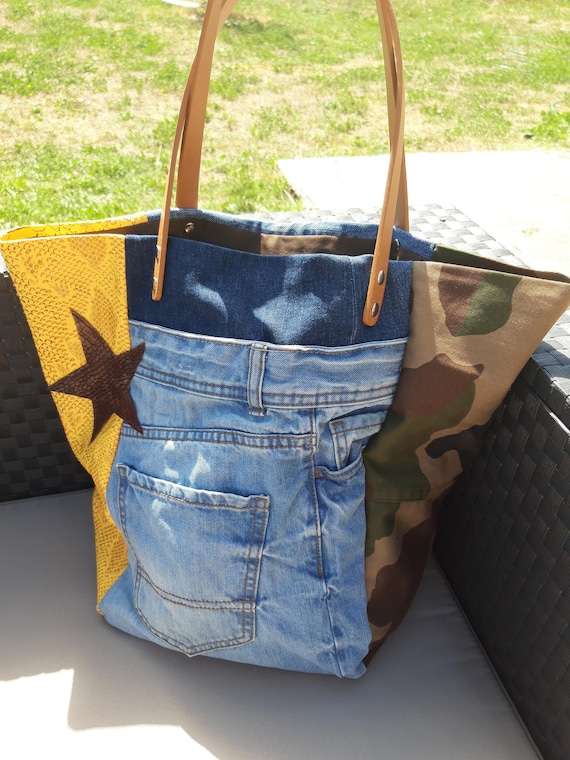 Denim Designer Tote Bag and Recycled Military Canvas With 