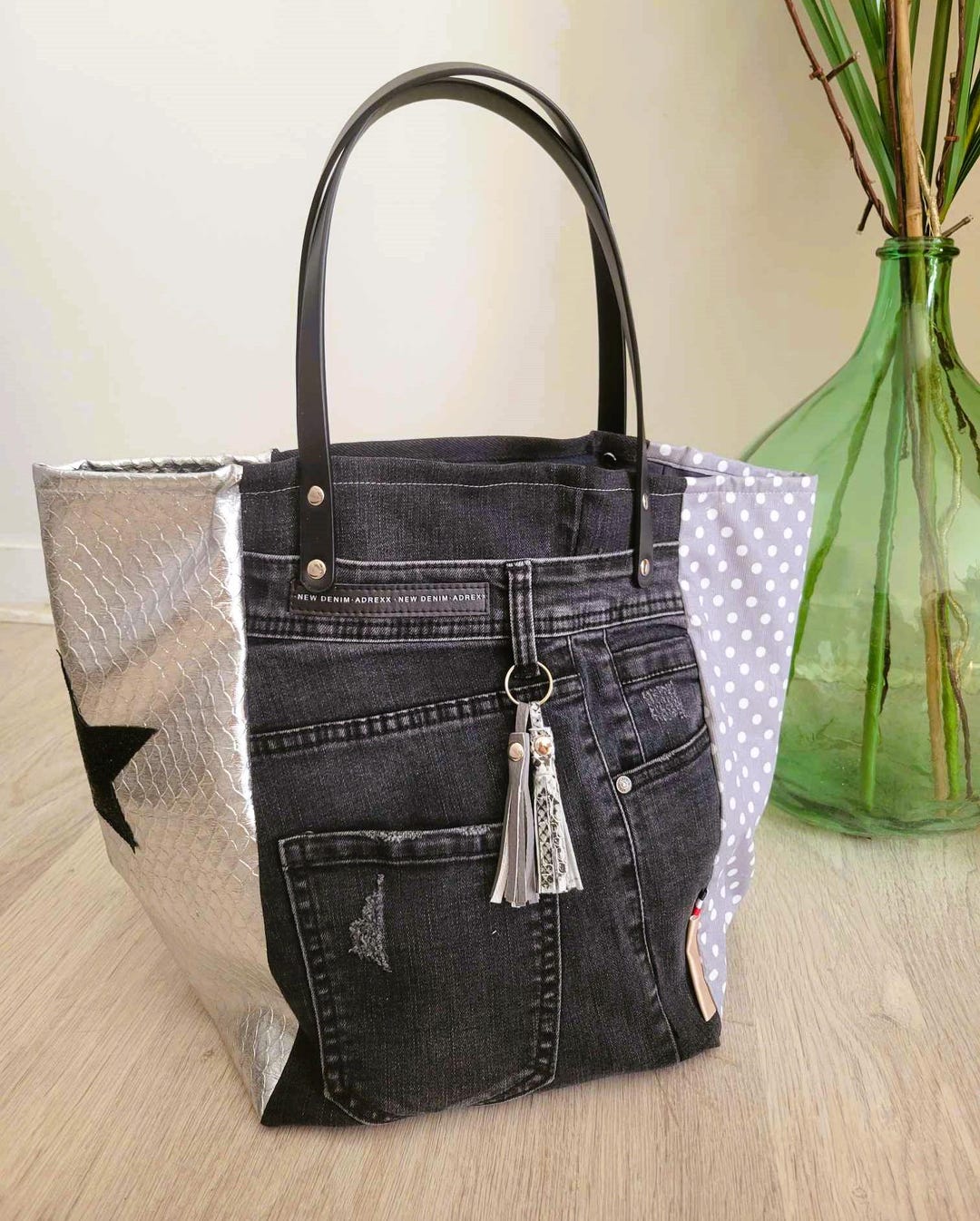 Patchwork Tote Bag in Recycled Denim With Silver Leather and Patchwork Tote Bag in Recycled Denim With Silver Leather and
