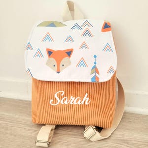 Sac à dos enfant velours cotelé abricot et tissu renards - prénom personnalisable - sac à coulisses maternelle école piscine