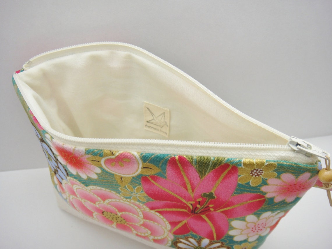 Japanese makeup bag Zipper pouch Flowers and flowing water Etsy