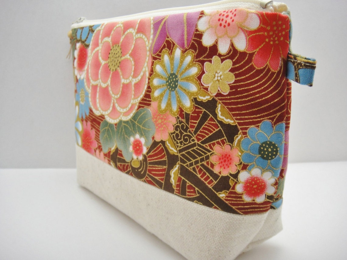 Japanese makeup bag Zipper pouch Flowers and flowing water Etsy