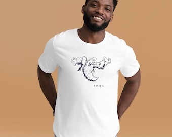 May include: White t-shirt with a black and white cartoon illustration of a person with their arms outstretched. The text "R. Crumb '71" is printed below the illustration.