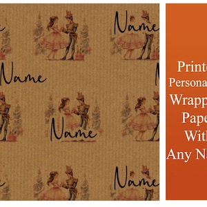 May include: Brown wrapping paper with a repeating pattern of a couple dancing. The couple are dressed in vintage clothing and the woman is holding a bouquet of flowers. The text "Name" is repeated throughout the pattern.