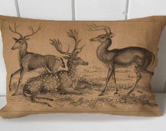 Deer Stag Horns Vintage  - Lumbar Cushion Fabric Panel Or Case or with Filling Rustic Natural Jute Burlap Hessian