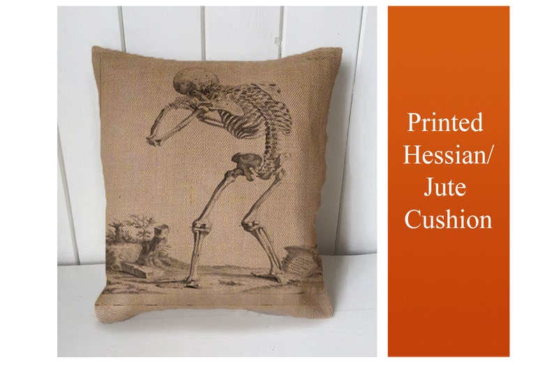 Skeleton Vintage Cushion Fabric Panel Or Case or with Filling Rustic Natural Jute Burlap Hessian image 1