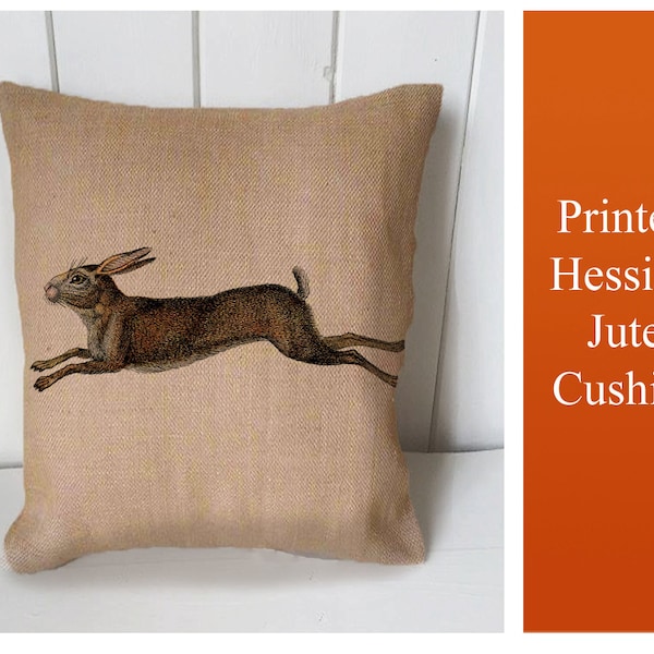 Hare Bunny Rabbits Vintage  - Cushion Fabric Panel Or Case or with Filling Rustic Natural Jute Burlap Hessian