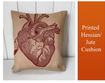 Heart Vintage  - Cushion Fabric Panel Or Case or with Filling Rustic Natural Jute Burlap Hessian