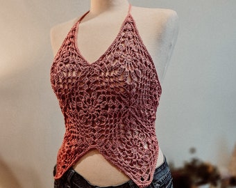 Size Small Dusty Pink Floral Granny Square Top | Sexy Crochet Top | Halter Top | Women's Festival Top | Summer Bralette Corset with Back