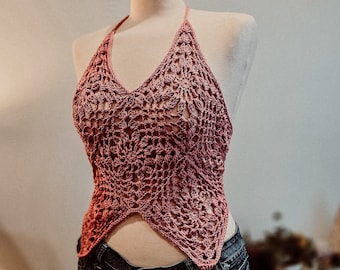 Size Small Dusty Pink Floral Granny Square Top | Sexy Crochet Top | Halter Top | Women's Festival Top | Summer Bralette Corset with Back