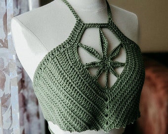 Women's Pot Leaf Crochet Top | 420 Festival Top | Marijuana Leaf Crop Top | Weed Leaf Halter Made to Order | Multiple Color and Size Options