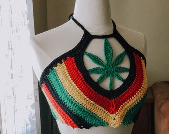 Rastafari Women's Pot Leaf Crochet Top | 420 Festival Top | Marijuana Leaf Crop Top | Rasta Weed Leaf Halter