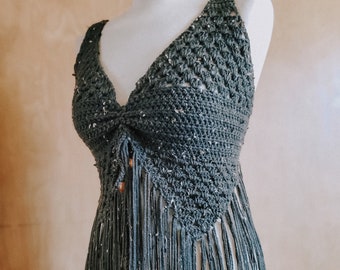 Size Large Tweed Forest Green Mandorla Fringe Crop Top | Sexy Crochet Top | Halter Top | Women's Festival Top