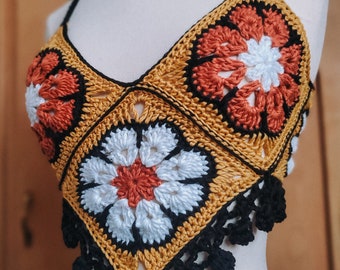 Size XS African Flower Festival Top | Orange Black White Flower Top | Boho Crochet Crop Top | Ready to Ship
