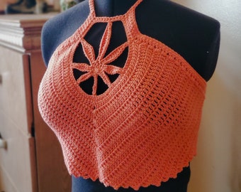 Women's Size  Coral Pot Leaf Crochet Top | 420 Festival Top | Marijuana Leaf Crop Top | Rasta Weed Leaf Halter