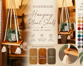 Handmade Hanging Plant Shelf | Crochet Plant Hanger Shelf | Boho Hanging Shelf for Plants | Custom Yarn & Wood Stain Colors | Home Decor Gif