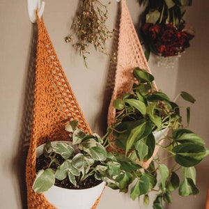 May include: Two handmade crochet plant hangers in shades of orange and peach, each holding a white pot with greenery. The hangers are suspended from white wall hooks. Dried flowers and roses hang in the background.