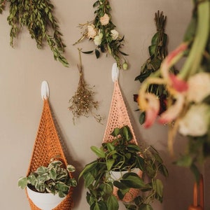 May include: A collection of hanging planters and dried flowers against a neutral wall. Two crochet plant holders in orange and peach colors hold potted plants. Various dried flowers and greenery are also displayed.