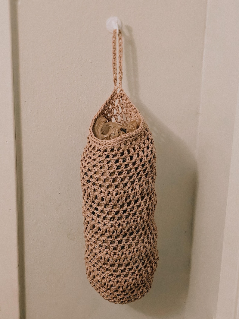 Handmade Crochet Grocery Bag Holder | Plastic Bag Dispenser | Farmhouse Kitchen Storage | Hanging Mesh Bag Organizer | Reusable Bag Holder image 2