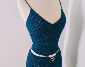 Crochet Festival Outfit | Handmade Crochet Two Piece Set | Lace Up Top & Mini Skirt | Size XS Teal Shimmer Festival Outfit Ready to Ship