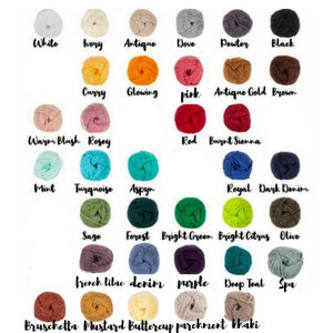 May include: A collection of yarn skeins in various colors, including white, ivory, antique, dove, pewter, and black. Other colors include curry, glowing, pink, antique gold, brown, warm blush, rose, red, and burnt sienna. The image also shows mint, turquoise, aspyn, royal, dark denim, sage, forest, bright green, bright citrus, olive, french lilac, denim, purple, deep teal, spa, bruschetta, mustard, buttercup, parchment, and khaki.