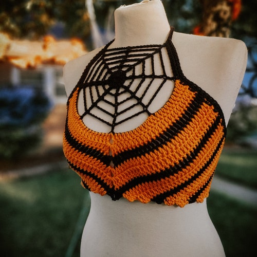 Women's Size Small Orange and Black Spider Web Crochet Top | Halloween Festival Top | Spider Web Crop Top | Halloween Halter Top