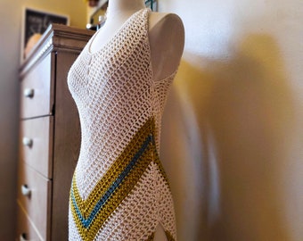 Women's Crochet Beach Cover up Dress | Size XS Chevron Striped Crochet Dress | Ready To Ship Summer Dress | Ivory Gold and Teal