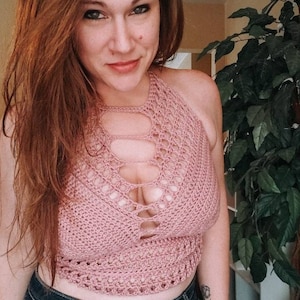 Gabrielle Summer Crop Top  | Made to Order in Color and Size of Choice | Sexy Crochet Top | Corset Back Halter Top | Women&#39;s Festival Top