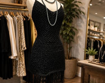 Sparkle Crochet Black Mini Dress | Size XS Fringe Dress | Lace up Corset Back Dress for Her